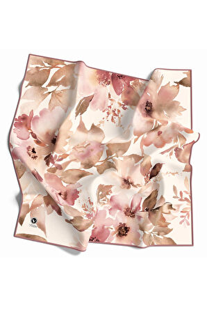 Kristal Büyük Çiçek Desenli Pudra Renkli 90x90 Eşarp (İpek İçermez) Kenar Dikiş Şekli El Dikişli