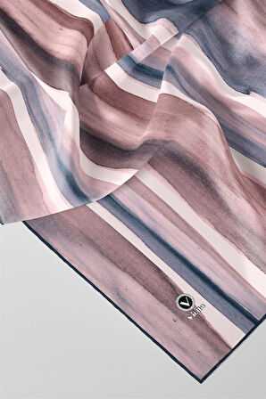 Twill Suluboya Çizgi Desenli Gül Kurusu - Lacivert Renkli 90x90 Eşarp (İpek İçermez) Kenar Dikiş Şekli El Dikişli