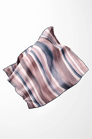 Twill Suluboya Çizgi Desenli Gül Kurusu - Lacivert Renkli 90x90 Eşarp (İpek İçermez) Kenar Dikiş Şekli El Dikişli