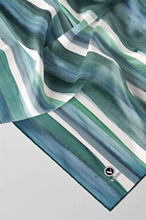 Twill Suluboya Çizgi Desenli Petrol Mavisi - Petrol Yeşili Renkli 90x90 Eşarp (İpek İçermez) Kenar Dikiş Şekli El Dikişli