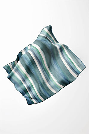 Twill Suluboya Çizgi Desenli Petrol Mavisi - Petrol Yeşili Renkli 90x90 Eşarp (İpek İçermez) Kenar Dikiş Şekli El Dikişli