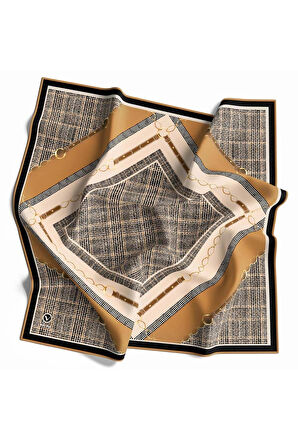 Twill Kemer ve Zincir Detaylı Ekose Desenli Hardal Renkli 90x90 Eşarp (İpek İçermez) Kenar Dikiş Şekli El Dikişli