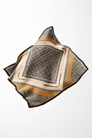 Twill Kemer ve Zincir Detaylı Ekose Desenli Hardal Renkli 90x90 Eşarp (İpek İçermez) Kenar Dikiş Şekli El Dikişli