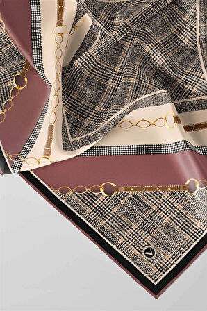 Twill Kemer ve Zincir Detaylı Ekose Desenli Gül Kurusu Renkli 90x90 Eşarp (İpek İçermez) Kenar Dikiş Şekli El Dikişli
