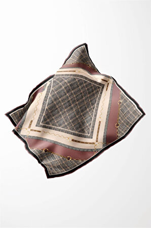 Twill Kemer ve Zincir Detaylı Ekose Desenli Gül Kurusu Renkli 90x90 Eşarp (İpek İçermez) Kenar Dikiş Şekli El Dikişli