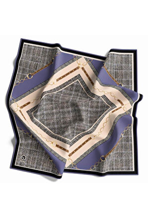 Twill Kemer ve Zincir Detaylı Ekose Desenli İndigo Renkli 90x90 Eşarp (İpek İçermez) Kenar Dikiş Şekli El Dikişli