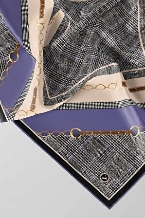 Twill Kemer ve Zincir Detaylı Ekose Desenli İndigo Renkli 90x90 Eşarp (İpek İçermez) Kenar Dikiş Şekli El Dikişli