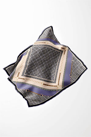 Twill Kemer ve Zincir Detaylı Ekose Desenli İndigo Renkli 90x90 Eşarp (İpek İçermez) Kenar Dikiş Şekli El Dikişli