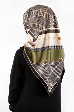 Twill Kemer ve Zincir Detaylı Ekose Desenli Haki Renkli 90x90 Eşarp (İpek İçermez) Kenar Dikiş Şekli El Dikişli