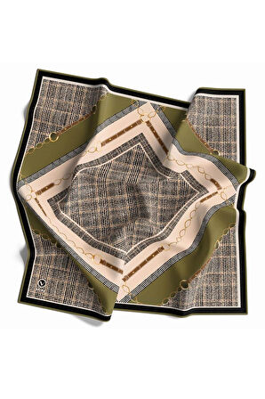 Twill Kemer ve Zincir Detaylı Ekose Desenli Haki Renkli 90x90 Eşarp (İpek İçermez) Kenar Dikiş Şekli El Dikişli