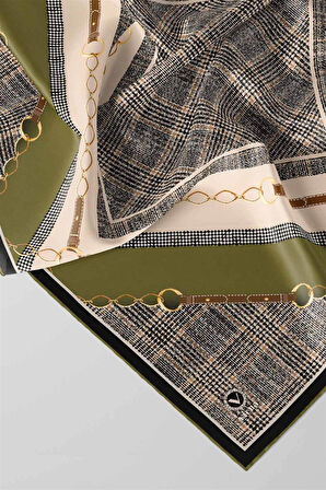 Twill Kemer ve Zincir Detaylı Ekose Desenli Haki Renkli 90x90 Eşarp (İpek İçermez) Kenar Dikiş Şekli El Dikişli