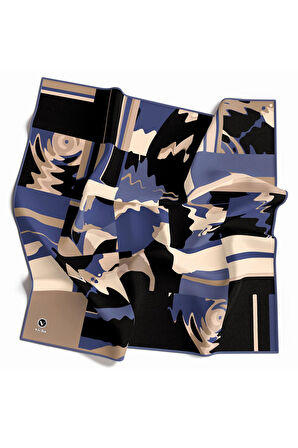 Kristal Boyalı Geometrik Desenli İndigo Renkli 90x90 Eşarp (İpek İçermez) Kenar Dikiş Şekli El Dikişli