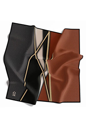 Rayon Gold Detaylı Geometrik Desenli Taba Renkli 90x90 Eşarp (İpek İçermez) Kenar Dikiş Şekli El Dikişli