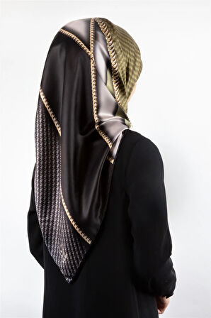 Rayon Gold Detaylı Geometrik Desenli Haki Renkli 90x90 Eşarp (İpek İçermez) Kenar Dikiş Şekli El Dikişli