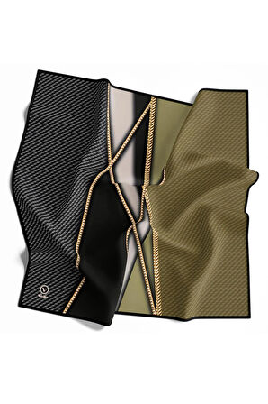 Rayon Gold Detaylı Geometrik Desenli Haki Renkli 90x90 Eşarp (İpek İçermez) Kenar Dikiş Şekli El Dikişli