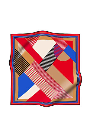 %100 Twill İpek Geometrik Desenli Kırmızı - Saks Renkli 90x90 Eşarp Dikim Şekli : El Dikişi