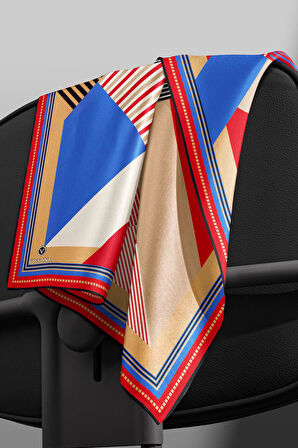 %100 Twill İpek Geometrik Desenli Kırmızı - Saks Renkli 90x90 Eşarp Dikim Şekli : El Dikişi