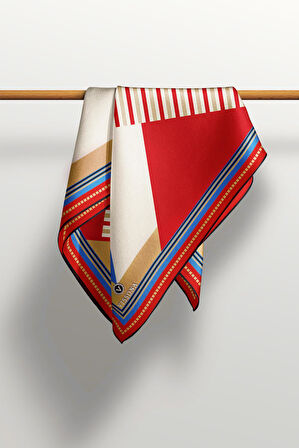 %100 Twill İpek Geometrik Desenli Kırmızı - Saks Renkli 90x90 Eşarp Dikim Şekli : El Dikişi