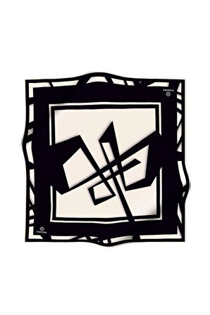 %100 Twill İpek Geometrik Desenli Siyah - Krem Renkli 90x90 Eşarp Dikim Şekli : El Dikişi