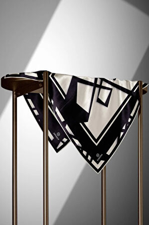 %100 Twill İpek Geometrik Desenli Siyah - Krem Renkli 90x90 Eşarp Dikim Şekli : El Dikişi