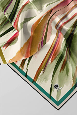 Twill Fırça Desenli Turuncu - Haki Renkli 90x90 Eşarp (İpek İçermez) Kenar Dikiş Şekli El Dikişli