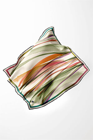 Twill Fırça Desenli Turuncu - Haki Renkli 90x90 Eşarp (İpek İçermez) Kenar Dikiş Şekli El Dikişli