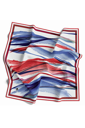 Twill Fırça Desenli İndigo - Kırmızı Renkli 90x90 Eşarp (İpek İçermez) Kenar Dikiş Şekli El Dikişli