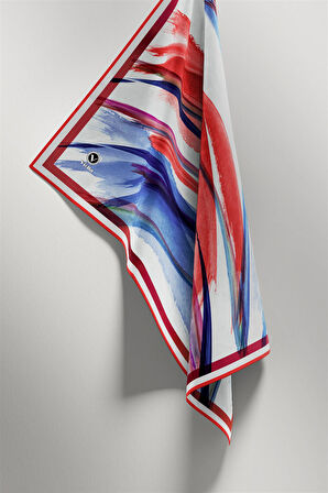 Twill Fırça Desenli İndigo - Kırmızı Renkli 90x90 Eşarp (İpek İçermez) Kenar Dikiş Şekli El Dikişli