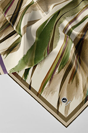 Twill Fırça Desenli Haki Yeşili - Bej Renkli 90x90 Eşarp (İpek İçermez) Kenar Dikiş Şekli El Dikişli