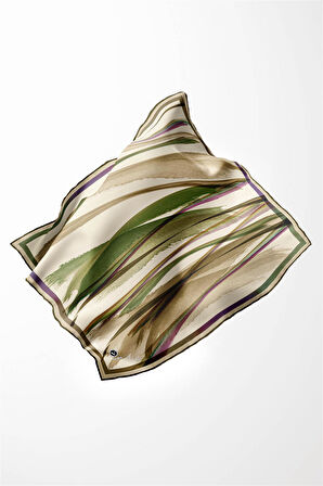 Twill Fırça Desenli Haki Yeşili - Bej Renkli 90x90 Eşarp (İpek İçermez) Kenar Dikiş Şekli El Dikişli