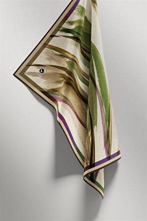 Twill Fırça Desenli Haki Yeşili - Bej Renkli 90x90 Eşarp (İpek İçermez) Kenar Dikiş Şekli El Dikişli