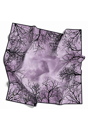 Twill Dolunay ve Ağaç Desenli Lila Renkli 90x90 Eşarp (İpek İçermez) Kenar Dikiş Şekli El Dikişli