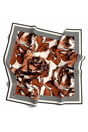 Twill Gül Yaprak Desenli Taba Renkli 90x90 Eşarp (İpek İçermez) Kenar Dikiş Şekli El Dikişli