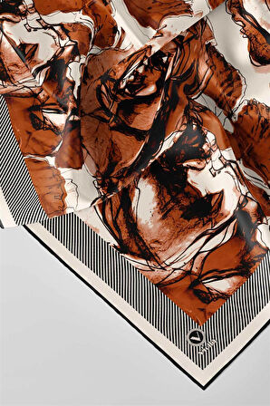 Twill Gül Yaprak Desenli Taba Renkli 90x90 Eşarp (İpek İçermez) Kenar Dikiş Şekli El Dikişli