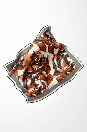 Twill Gül Yaprak Desenli Taba Renkli 90x90 Eşarp (İpek İçermez) Kenar Dikiş Şekli El Dikişli