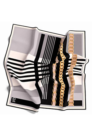 Rayon Zincirli Çizgi Desenli Gri Renkli 90x90 Eşarp (İpek İçermez)Kenar Dikiş Şekli El Dikişli