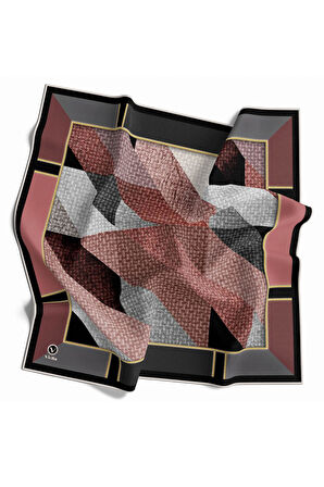 Twill Geometrik Desenli Pudra Renkli 90x90 Eşarp (İpek İçermez) Kenar Dikiş Şekli El Dikişli