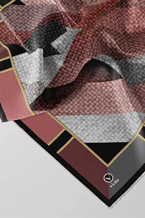 Twill Geometrik Desenli Pudra Renkli 90x90 Eşarp (İpek İçermez) Kenar Dikiş Şekli El Dikişli