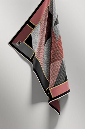 Twill Geometrik Desenli Pudra Renkli 90x90 Eşarp (İpek İçermez) Kenar Dikiş Şekli El Dikişli