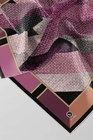 Twill Geometrik Desenli Pembe Renkli 90x90 Eşarp (İpek İçermez) Kenar Dikiş Şekli El Dikişli