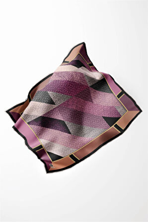 Twill Geometrik Desenli Pembe Renkli 90x90 Eşarp (İpek İçermez) Kenar Dikiş Şekli El Dikişli
