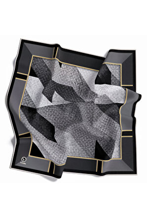 Twill Geometrik Desenli Gri Renkli 90x90 Eşarp (İpek İçermez) Kenar Dikiş Şekli El Dikişli
