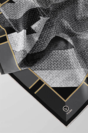 Twill Geometrik Desenli Gri Renkli 90x90 Eşarp (İpek İçermez) Kenar Dikiş Şekli El Dikişli