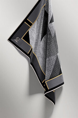 Twill Geometrik Desenli Gri Renkli 90x90 Eşarp (İpek İçermez) Kenar Dikiş Şekli El Dikişli