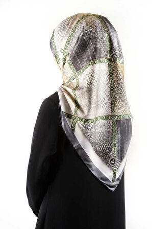 Twill Geometrik Desenli Gri Renkli 90x90 Eşarp (İpek İçermez) Kenar Dikiş Şekli El Dikişli