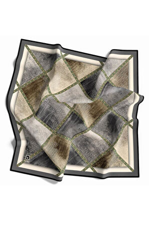 Twill Geometrik Desenli Gri Renkli 90x90 Eşarp (İpek İçermez) Kenar Dikiş Şekli El Dikişli