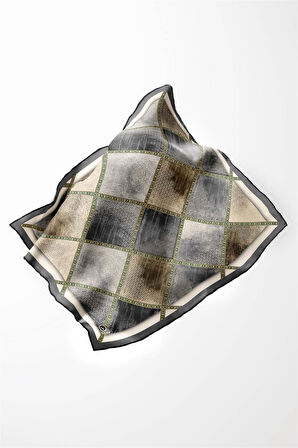 Twill Geometrik Desenli Gri Renkli 90x90 Eşarp (İpek İçermez) Kenar Dikiş Şekli El Dikişli