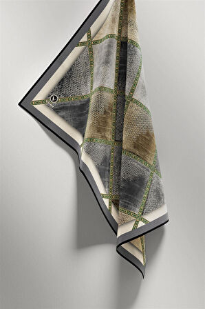 Twill Geometrik Desenli Gri Renkli 90x90 Eşarp (İpek İçermez) Kenar Dikiş Şekli El Dikişli