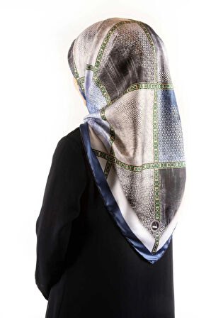 Twill Geometrik Desenli İndigo Renkli 90x90 Eşarp (İpek İçermez) Kenar Dikiş Şekli El Dikişli