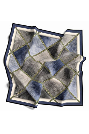 Twill Geometrik Desenli İndigo Renkli 90x90 Eşarp (İpek İçermez) Kenar Dikiş Şekli El Dikişli